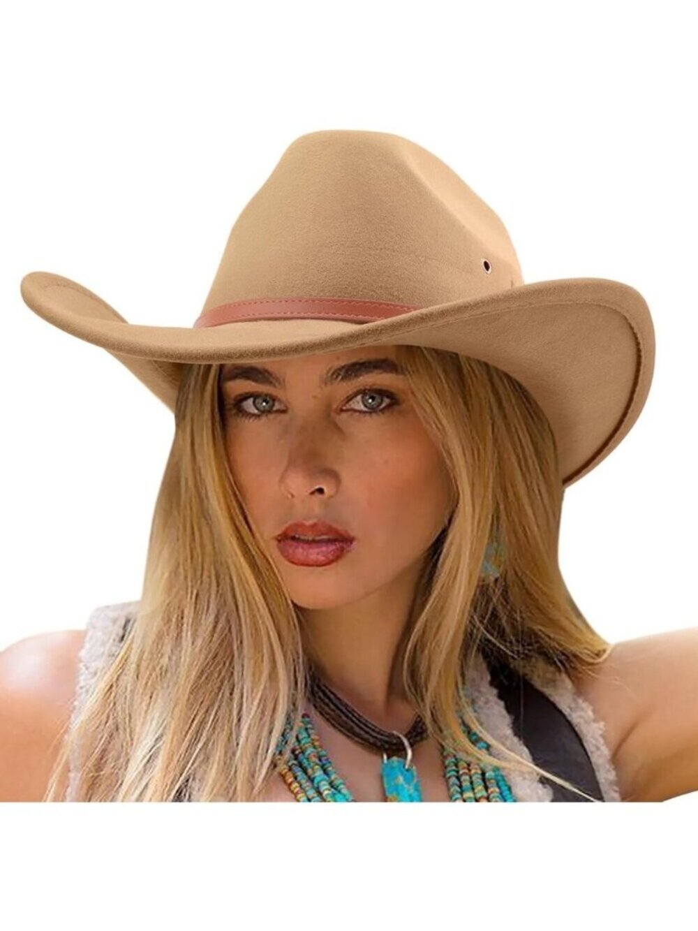 Women's Khaki Western With Leather Band Buckle Classic Fedora Felt Cowboy Hat